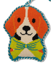 Load image into Gallery viewer, Handcrafted needlepoint beagle ornament with bow tie detail and twisted rope border