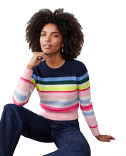 Load image into Gallery viewer, Brodie navy multicolor striped crewneck cashmere sweater with pink cuffs and hem