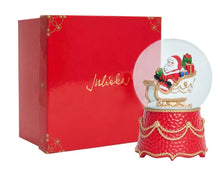 Load image into Gallery viewer, Juliska red and gold Santa sleigh snow globe with matching gift box