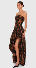 Load image into Gallery viewer, Strapless black and bronze floral jacquard high-low gown with draped bubble skirt
