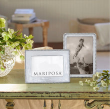 Load image into Gallery viewer, Mariposa beaded picture frame displayed on a vintage table with floral arrangement nearby
