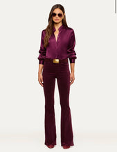 Load image into Gallery viewer, L'Agence Marty high-rise flare jeans in deep sangria velvet with gold belt buckle