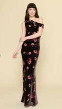 Load image into Gallery viewer, Velvet floral maxi gown in dark plum with off-shoulder neckline and pink blooms