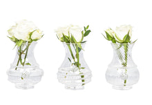 Load image into Gallery viewer, Juliska mini glass vases with intricate detailing, each holding fresh white roses, set of three