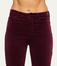 Load image into Gallery viewer, L'Agence Marty high-rise flare jeans in deep sangria velvet with black button