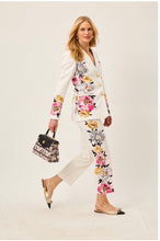 Load image into Gallery viewer, White cropped pants with pink and gold peony floral print along side seams