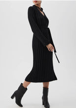 Load image into Gallery viewer, Ribbed knit midi cardigan dress with belt, buttons, and chunky chain necklace, styled with ankle boots