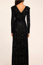 Load image into Gallery viewer, Long sleeve floor-length velvet burnout maxi dress with V-back and swirl pattern