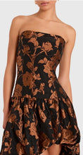 Load image into Gallery viewer, Strapless black and copper rose jacquard maxi dress with bubble hem skirt