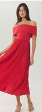 Load image into Gallery viewer, Hutch Stockton red off-shoulder pleated midi dress with gold strappy heels