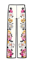 Load image into Gallery viewer, Wide-leg white pants with pink, gold, and black floral peony border print