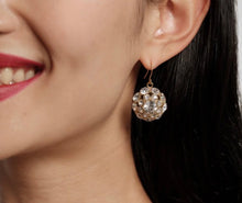 Load image into Gallery viewer, Woman wearing Frances Valentine crystal cluster drop earrings with sparkling rhinestone embellishments
