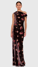 Load image into Gallery viewer, Dark burgundy velvet burnout floral one-shoulder maxi gown with ruched waist detail
