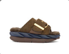 Load image into Gallery viewer, Chunky platform slide sandal with shearling lining, suede strap, and gold buckle hardware