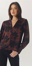 Load image into Gallery viewer, Brown and black floral satin blouse with V-neck collar and faux button front