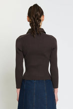 Load image into Gallery viewer, Woman wearing a ribbed knit polo sweater with fitted silhouette and long sleeves, back view
