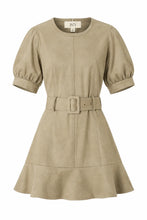 Load image into Gallery viewer, Olive suede mini dress with puff sleeves, matching belt, and flared hem