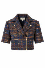 Load image into Gallery viewer, JS71 Theodora cropped navy boucle jacket with gold zipper and short sleeves