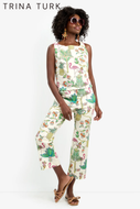 Trina Turk Lulu Pant in cream tropical flamingo and pineapple print, cropped kick-flare
