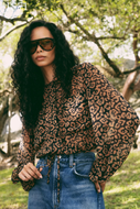 JS71 Fenwick leopard print georgette blouse with tie waist and balloon sleeves