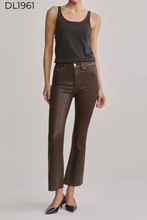 Load image into Gallery viewer, Women's high-rise cropped bootcut jeans in brown coated denim with gold hardware