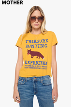 Load image into Gallery viewer, Women's golden yellow graphic tee with blue treasure hunting fox print