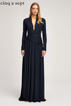 Load image into Gallery viewer, Cinq a Sept Zaviana navy maxi dress with deep V-neckline, long sleeves, draped waist