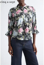 Load image into Gallery viewer, Black floral print chiffon button-up blouse with ruffled three-quarter sleeves