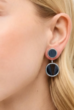 Load image into Gallery viewer, Brackish Lauren Bezel Silver Earring featuring double circular pendants with natural feather inlay worn on ear