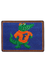 Load image into Gallery viewer, Needlepoint card wallet featuring University of Florida's Albert the Alligator mascot on leather-trimmed canvas