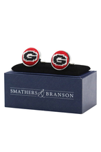 Load image into Gallery viewer, Smathers &amp; Branson needlepoint cufflinks featuring University of Georgia Bulldogs logo in gift box