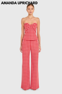 Red checkered strapless sweetheart bustier top with white grid pattern