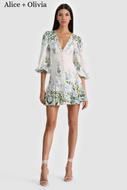 White floral mini dress with blue flowers, blouson sleeves, V-neck, button front