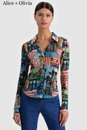 Fitted long-sleeve mesh button-down shirt with colorful American collage print