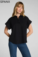Spanx black oversized short sleeve button-down poplin shirt with collar and jeans