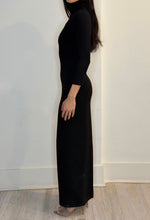 Load image into Gallery viewer, Black maxi turtleneck dress with 3/4 sleeves, slim fit, floor-length silhouette