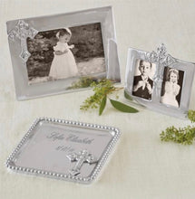 Load image into Gallery viewer, Mariposa Cross photo frame displayed with coordinating double frame and engraved keepsake tray