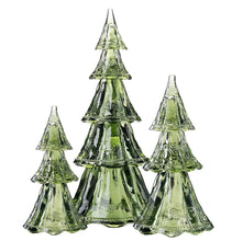 Load image into Gallery viewer, Set of three tiered glass Christmas tree figurines in graduated sizes for holiday décor