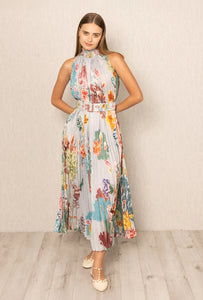 Malaga Pleated Dress Grey Blooms