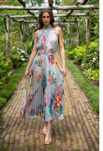 Malaga Pleated Dress Grey Blooms