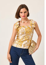 Load image into Gallery viewer, Women's fitted gold floral brocade sleeveless top with bow shoulder details