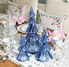 Load image into Gallery viewer, Blue and clear glass Christmas tree set of three stacked tiers on a holiday table