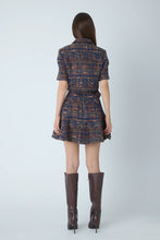 Load image into Gallery viewer, Navy multicolor boucle cropped jacket with short sleeves, worn over matching mini skirt
