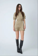 Load image into Gallery viewer, Olive suede mini dress with belt, puff sleeves, and flared hem