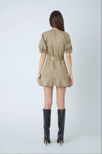 Load image into Gallery viewer, Olive suede mini dress with puff sleeves, belted waist, and back zipper