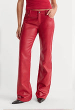 Load image into Gallery viewer, Red faux leather bootcut low rise pants with front pockets and button closure