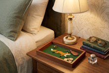 Load image into Gallery viewer, Smathers &amp; Branson needlepoint fox valet tray holding coins and a key fob on a nightstand