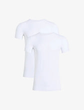Load image into Gallery viewer, Two plain crewneck short-sleeve fitted undershirts displayed overlapping against neutral background