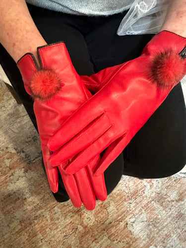 Leather Gloves with Fur Poms Red