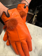 Load image into Gallery viewer, Leather Gloves with Fur Poms Orange